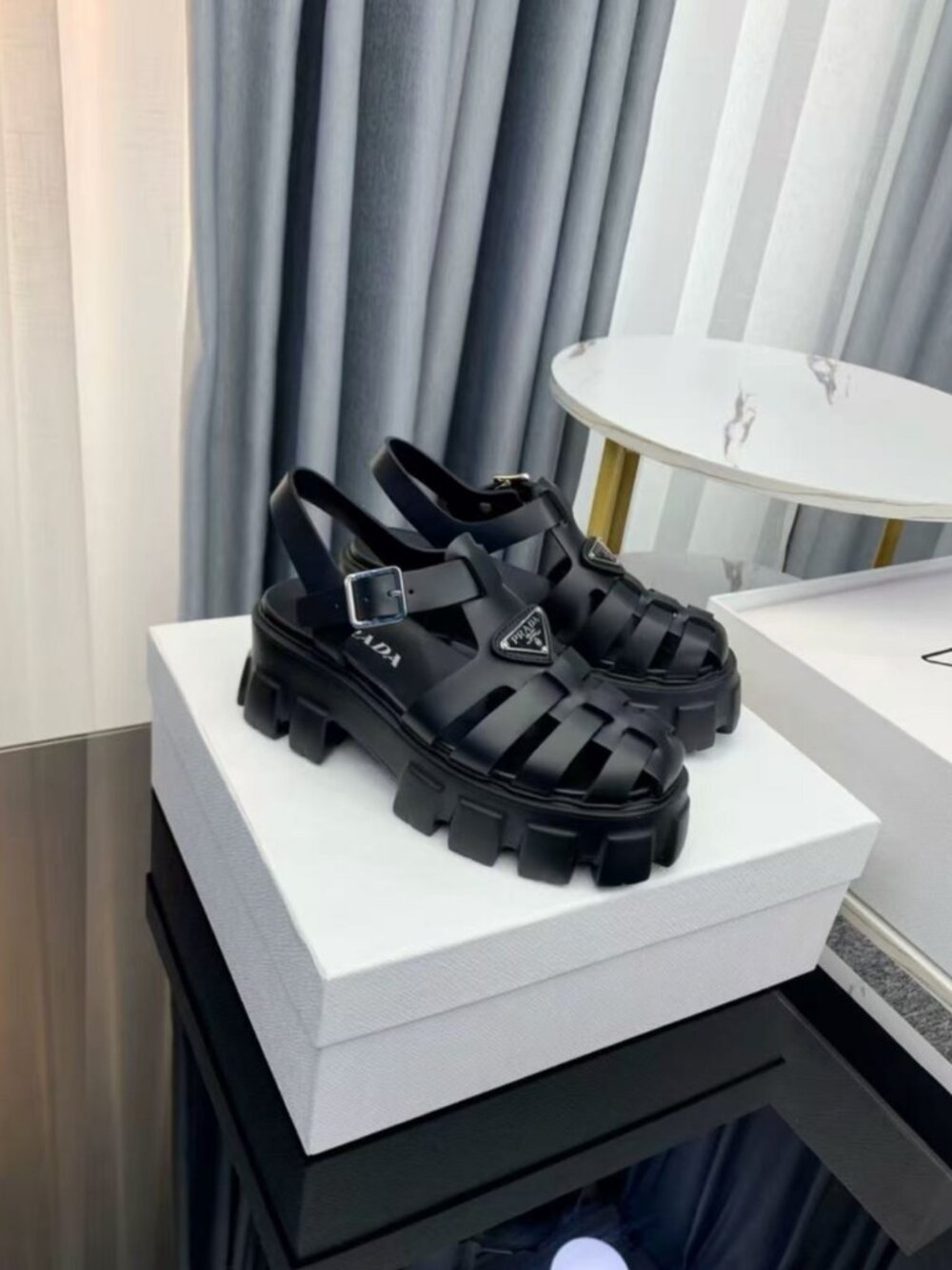 Prada Black Leather Cage Lug Sole Back Strap Sandals